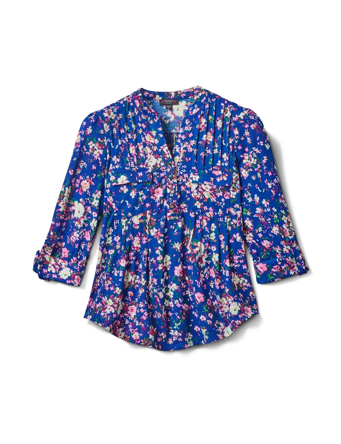 3/4 Purple Floral Pintuck Knit Popover-Petite