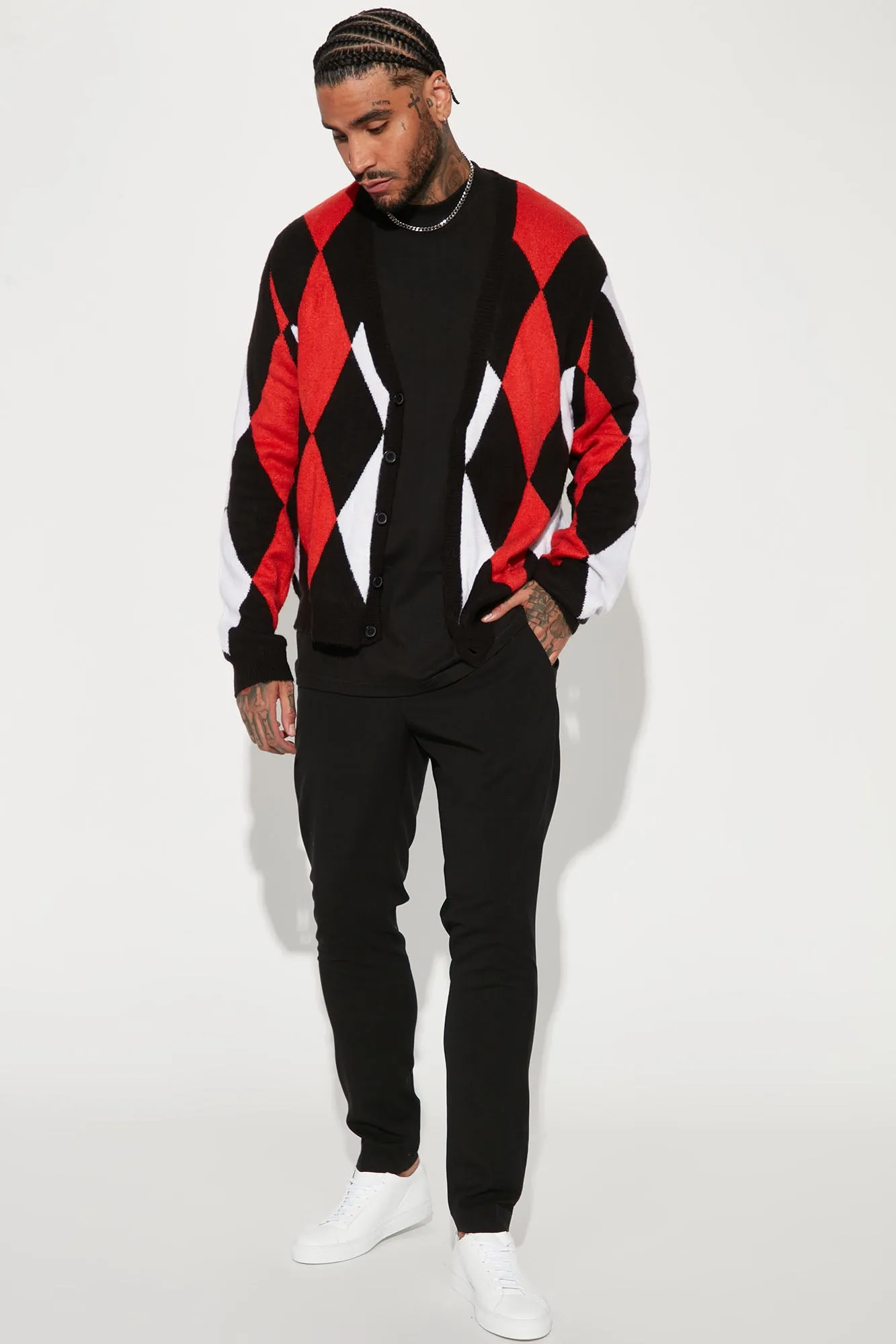 All Over Argyle Cardigan - Black/combo