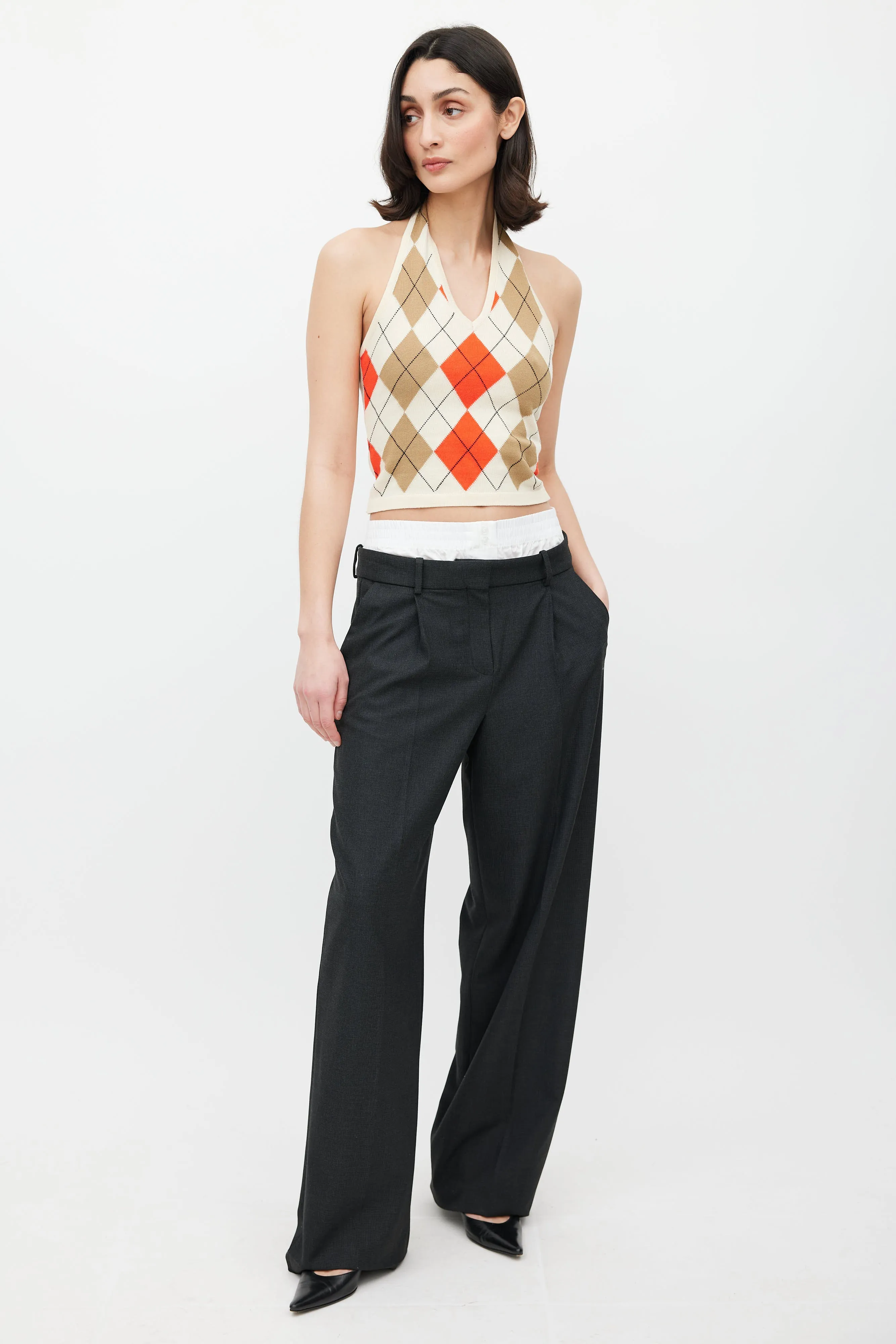 Beige & Multicolour Argyle Halter Top
