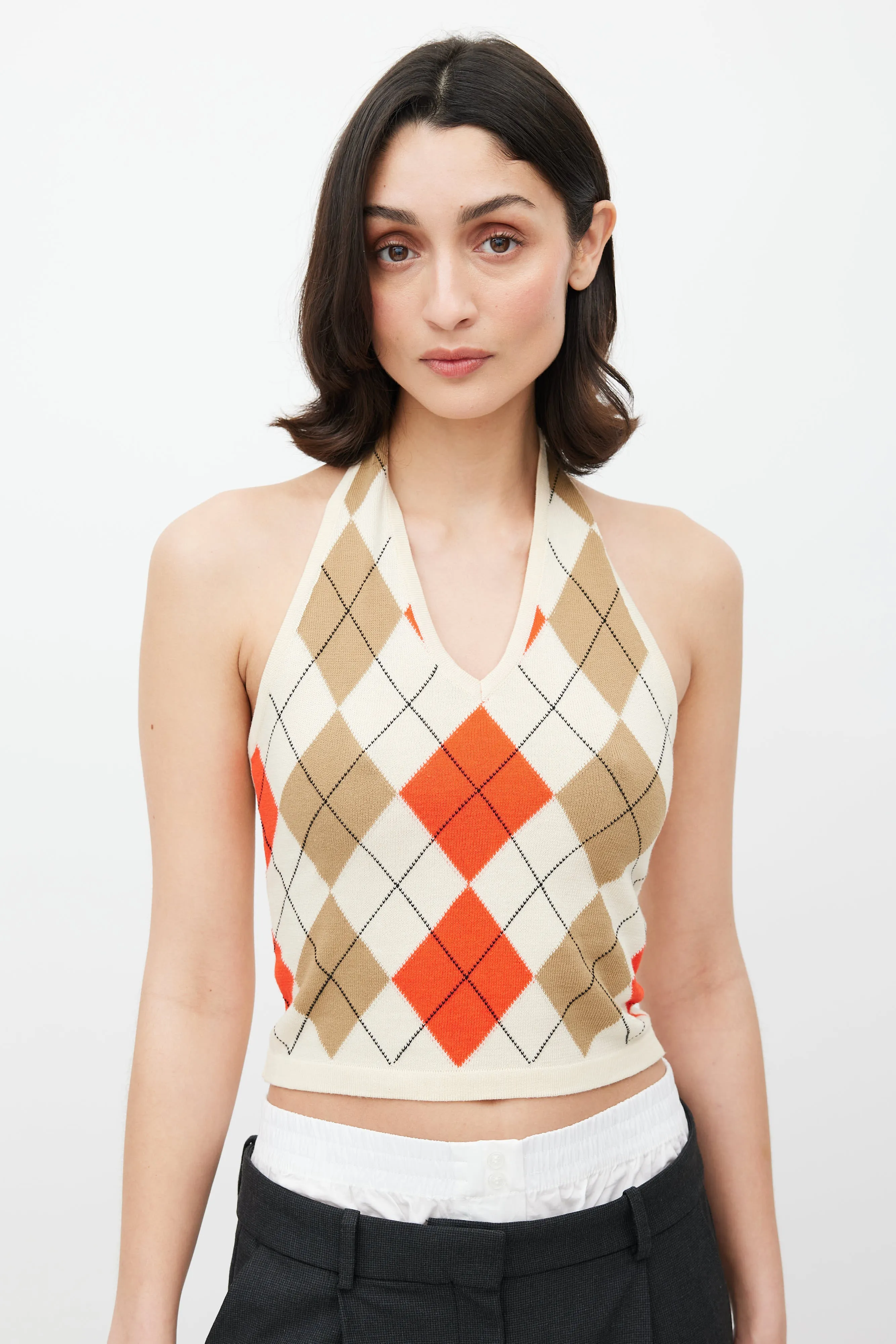 Beige & Multicolour Argyle Halter Top