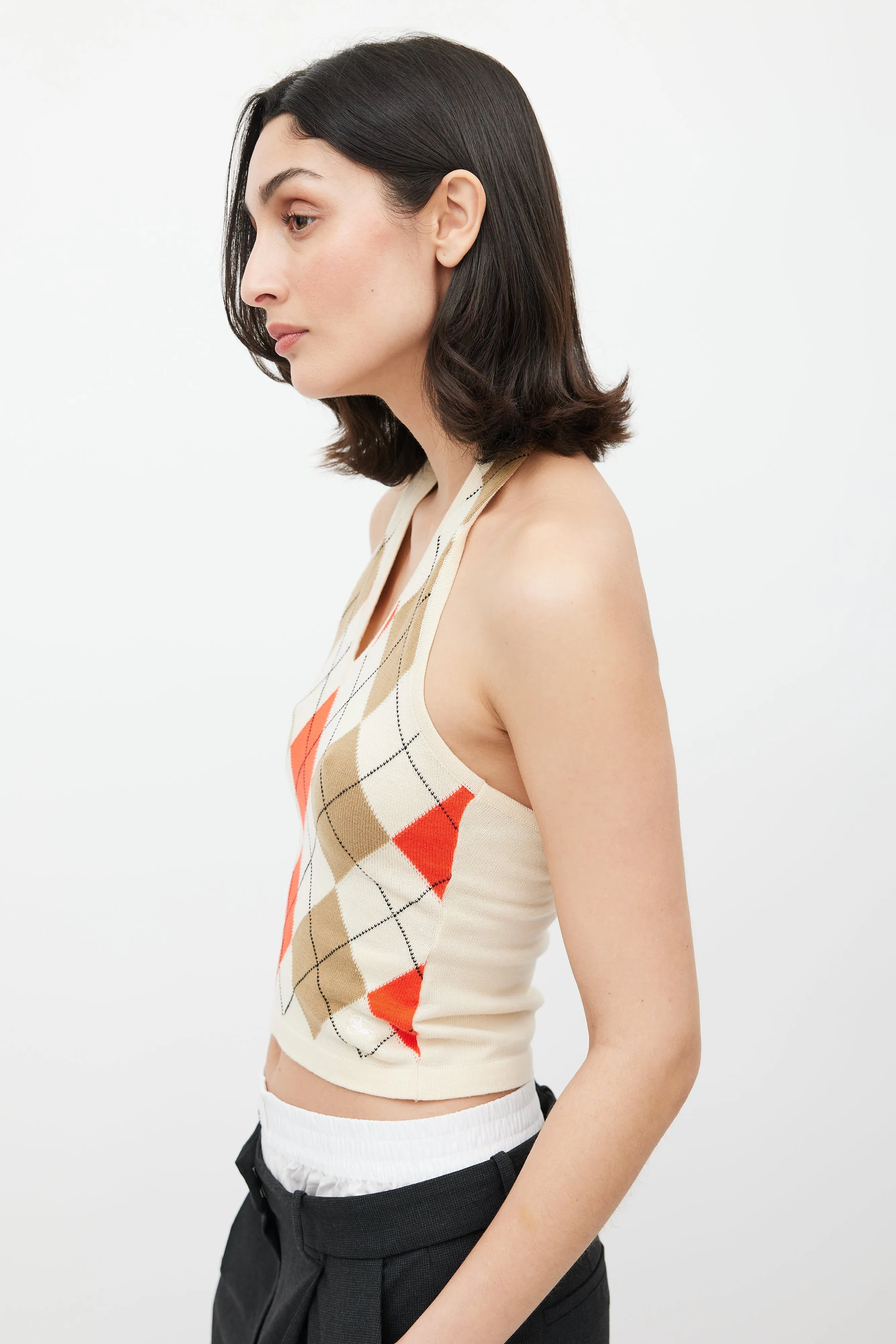 Beige & Multicolour Argyle Halter Top