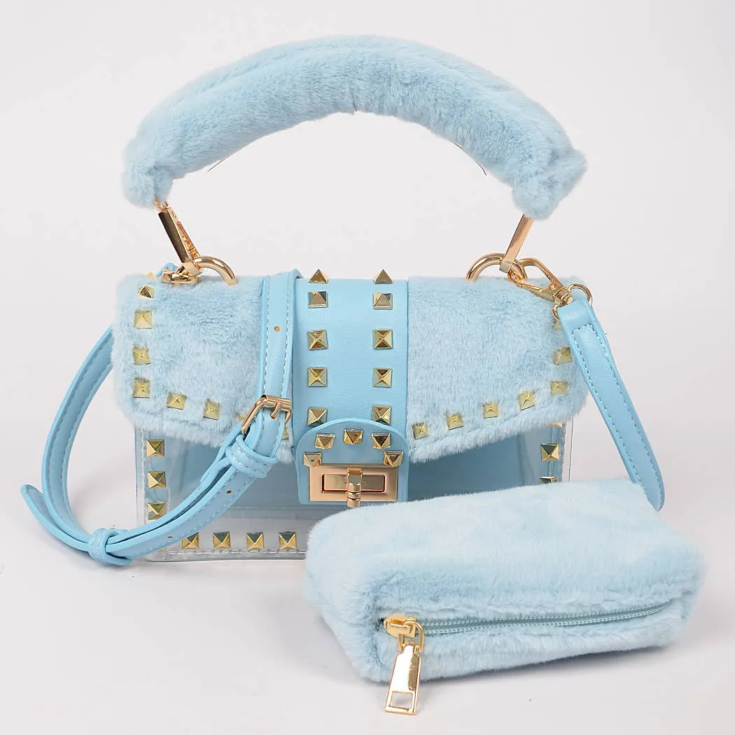 Blue Faux Fur Clear Studded Bag