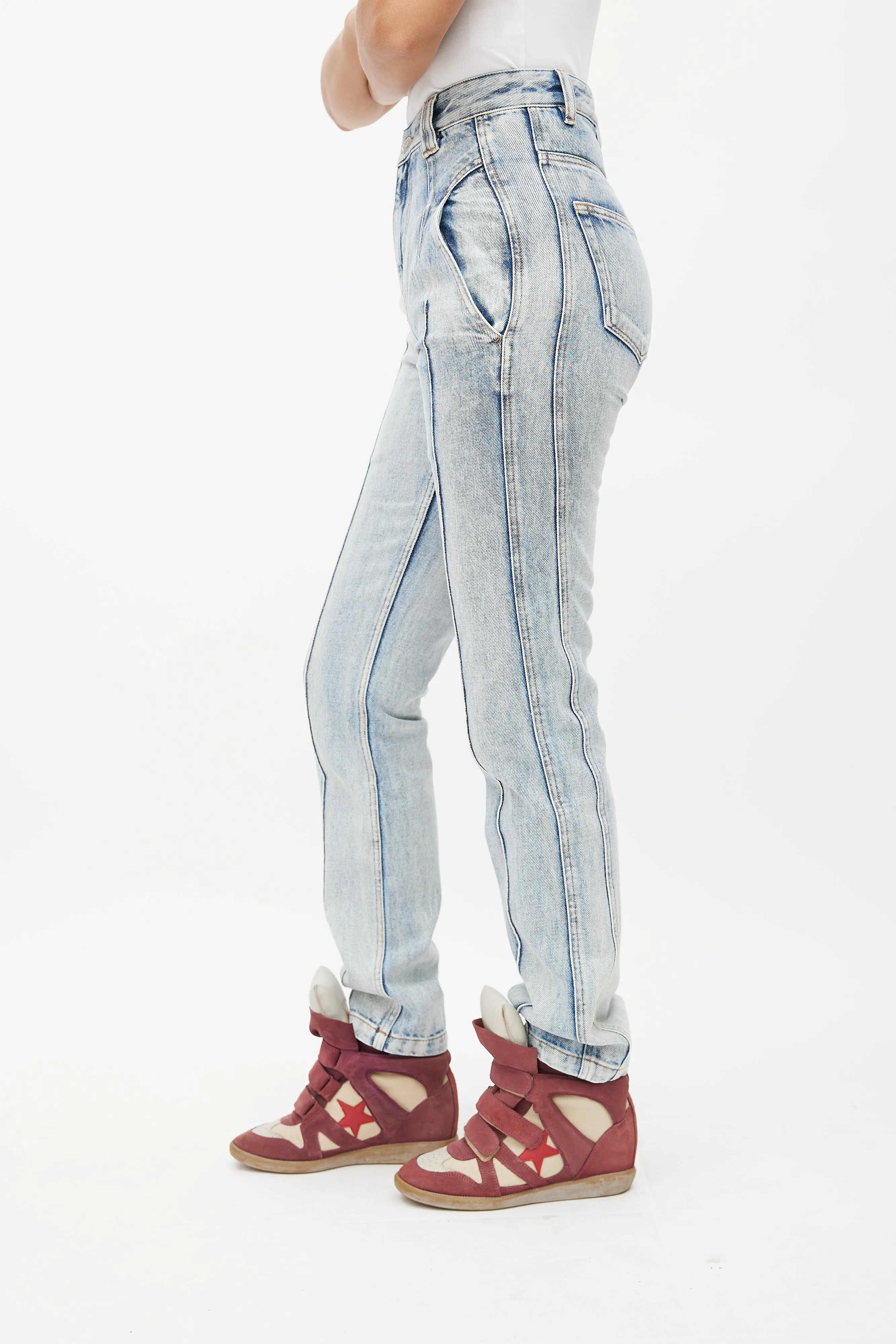 Blue Pleated Slim Denim Jeans