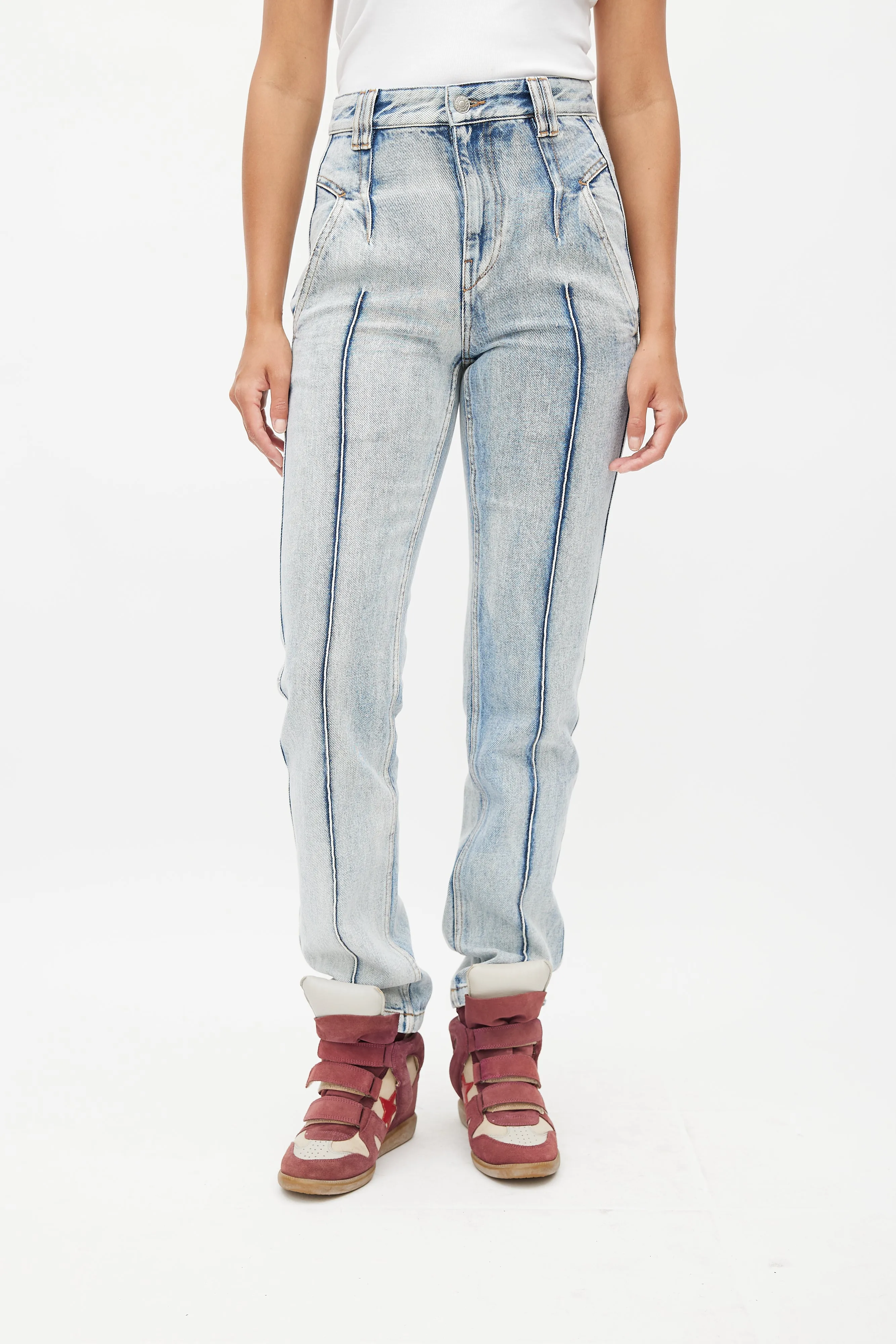 Blue Pleated Slim Denim Jeans