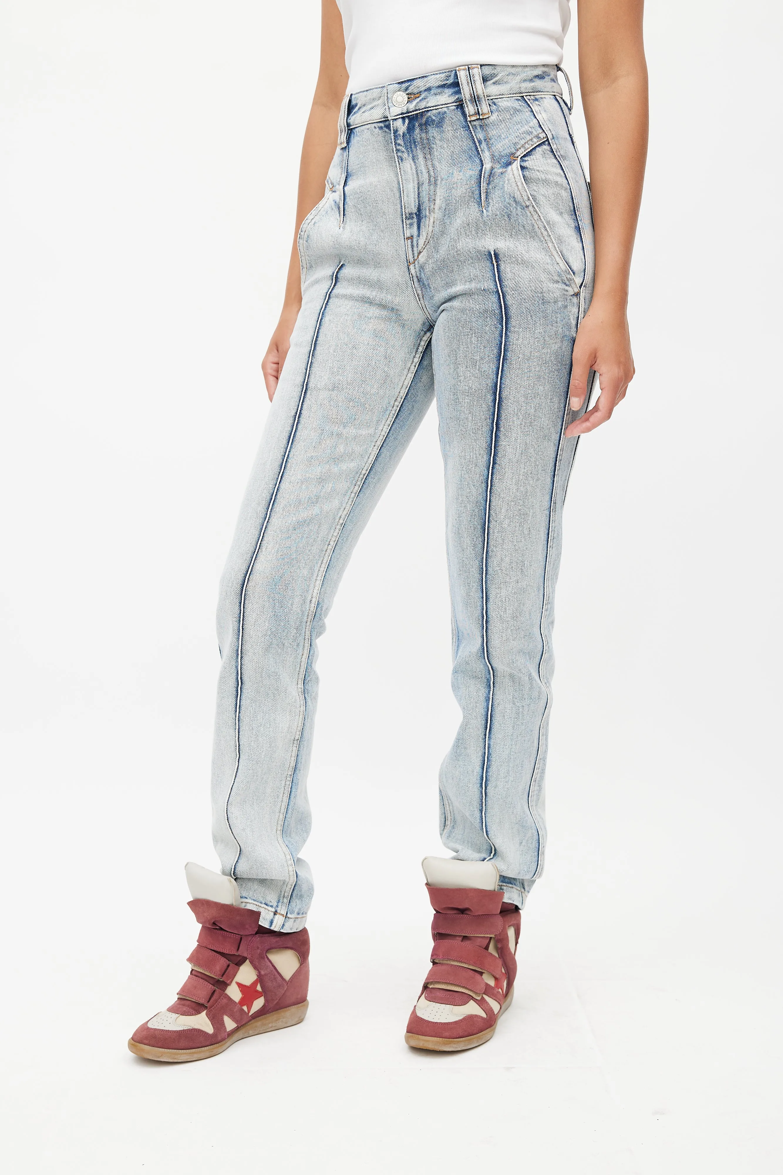 Blue Pleated Slim Denim Jeans
