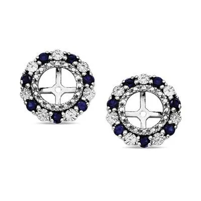 Blue Sapphire Beaded Double Frame Stud Hoops Jackets in Sterling Silver