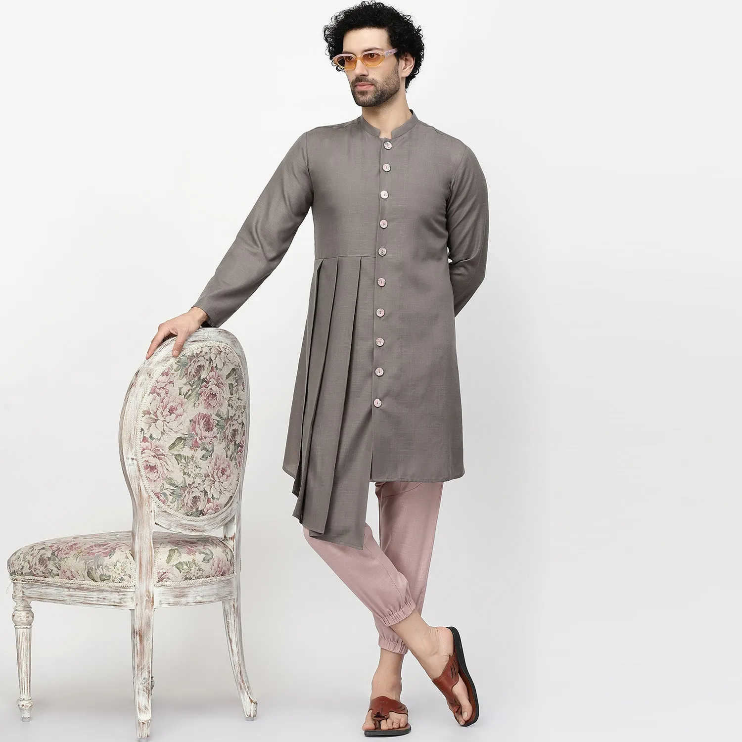 Dark Grey Pleated Long Kurta