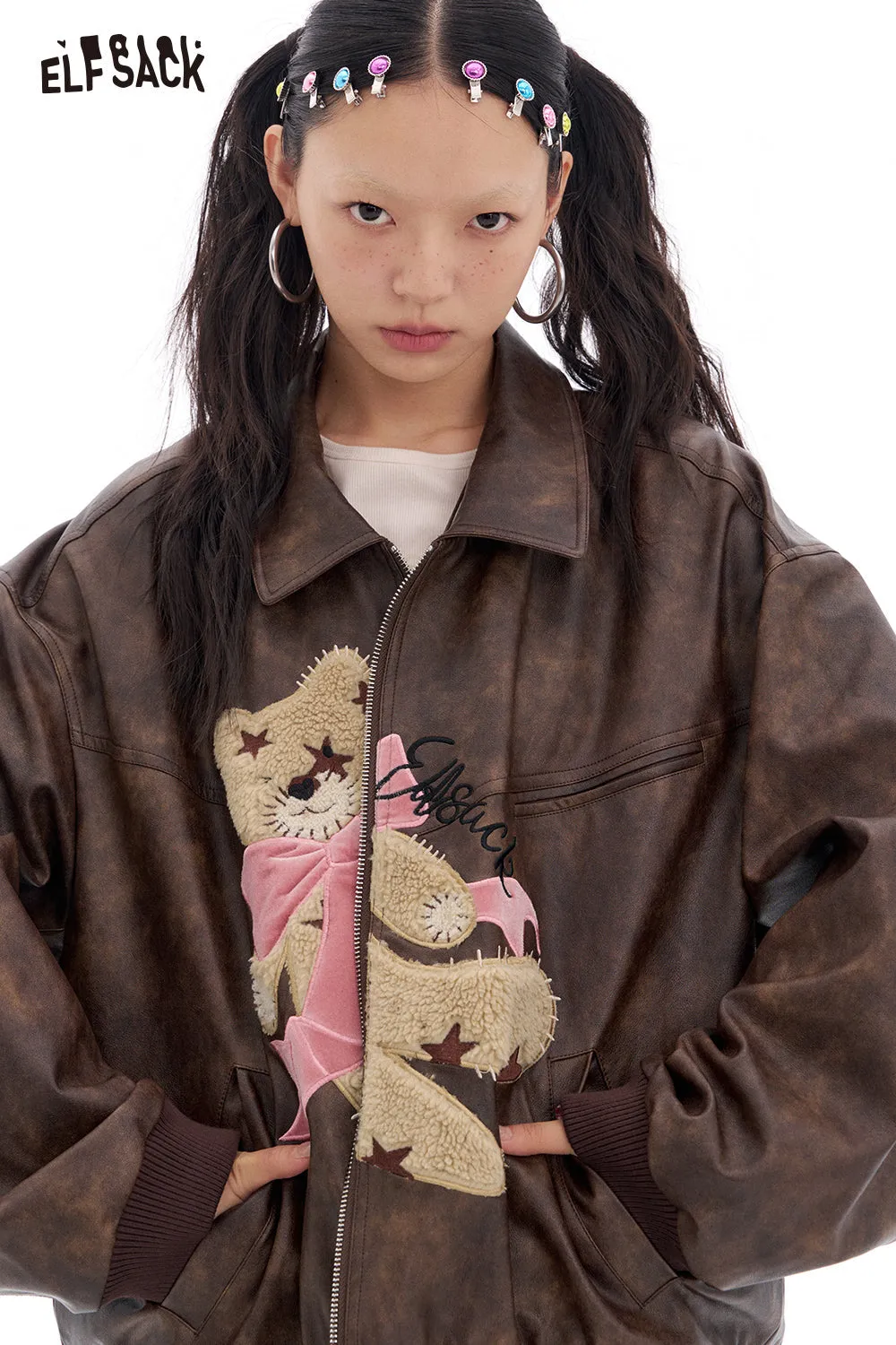 ELFSACK 2025 Spring New Arrivals Sweet and cool bear coffee retro pu leather jacket for women Lapel zipper top