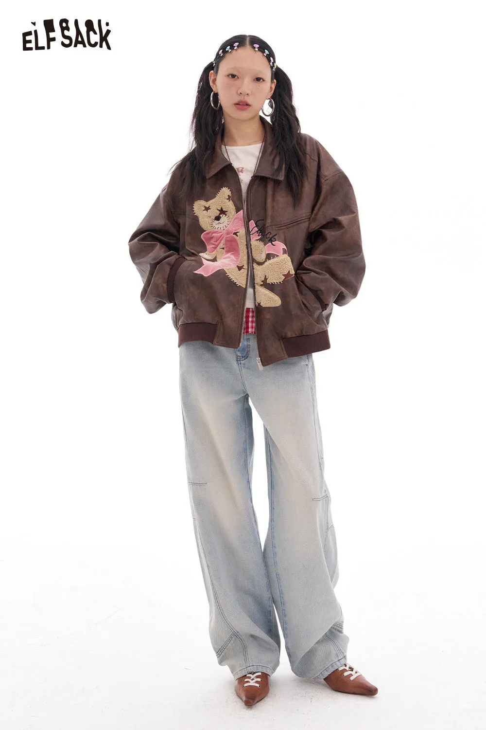 ELFSACK 2025 Spring New Arrivals Sweet and cool bear coffee retro pu leather jacket for women Lapel zipper top