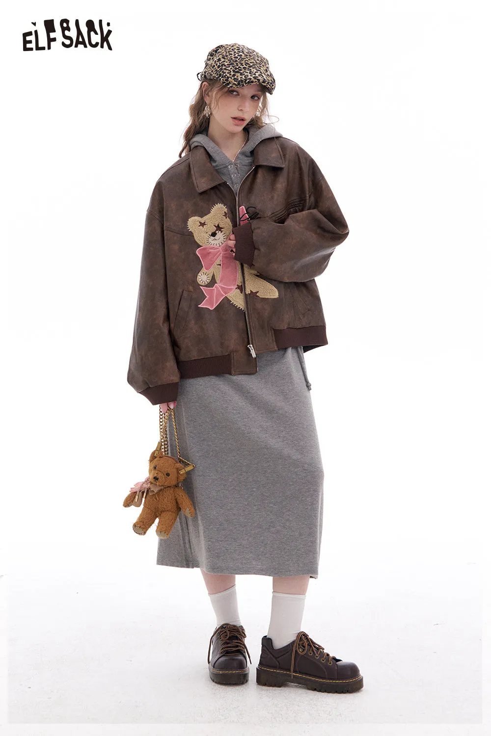 ELFSACK 2025 Spring New Arrivals Sweet and cool bear coffee retro pu leather jacket for women Lapel zipper top
