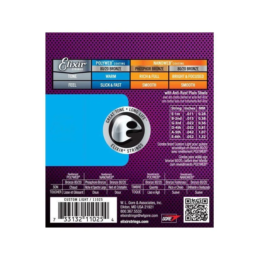 Elixir Polyweb Acoustic Strings Custom Light 11-52