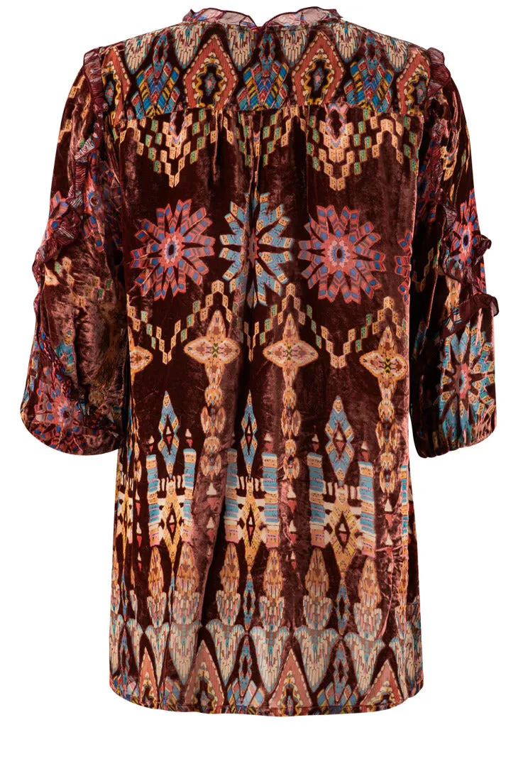 Johnny Was Geo Burnout Mali Tunic Top Shirt Burgundy Tribal Velvet Brown NEW