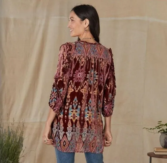 Johnny Was Geo Burnout Mali Tunic Top Shirt Burgundy Tribal Velvet Brown NEW