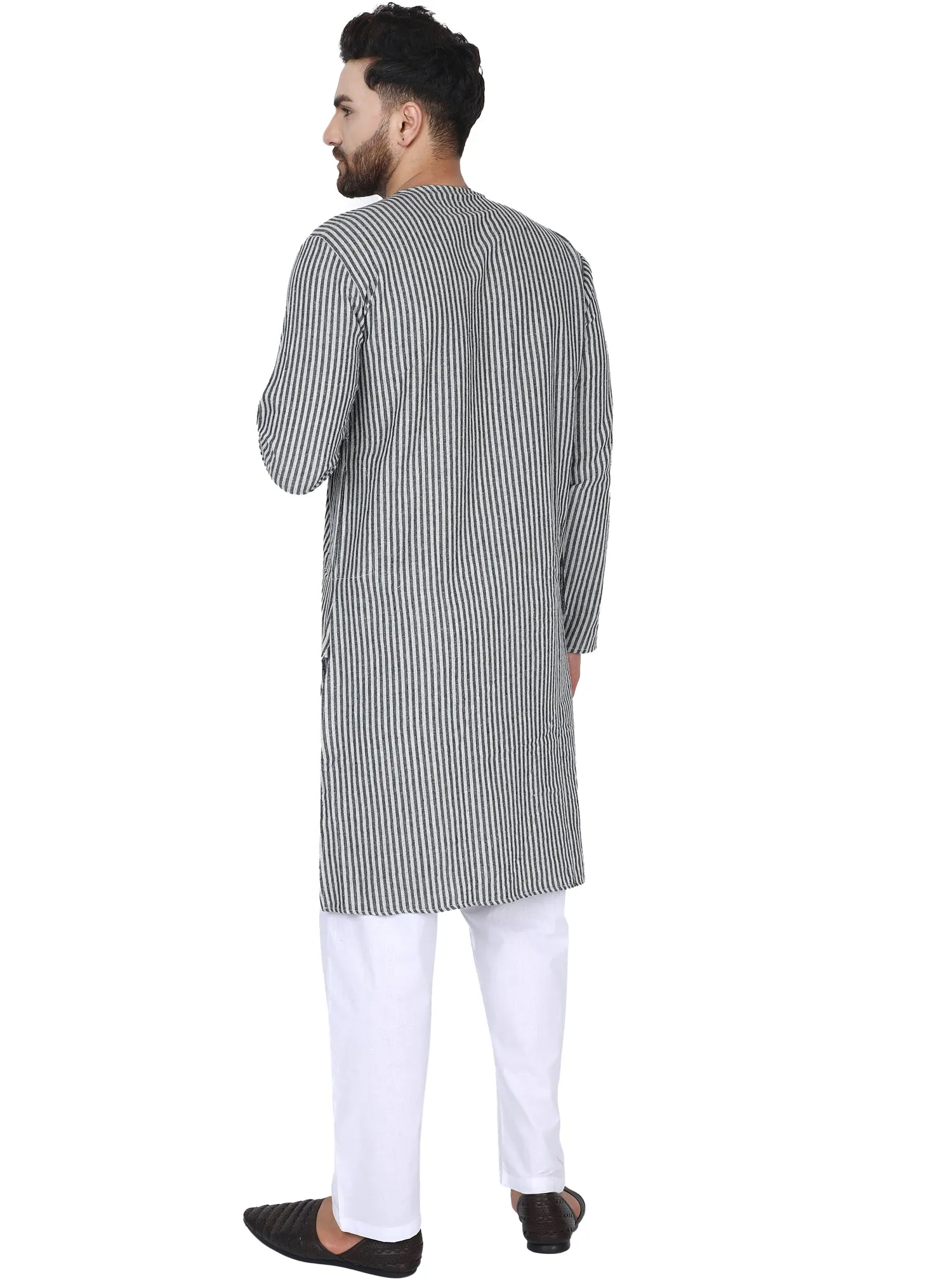 Men's Tunic Cotton Kurta Long Shirt Regular Fit Black Stripe