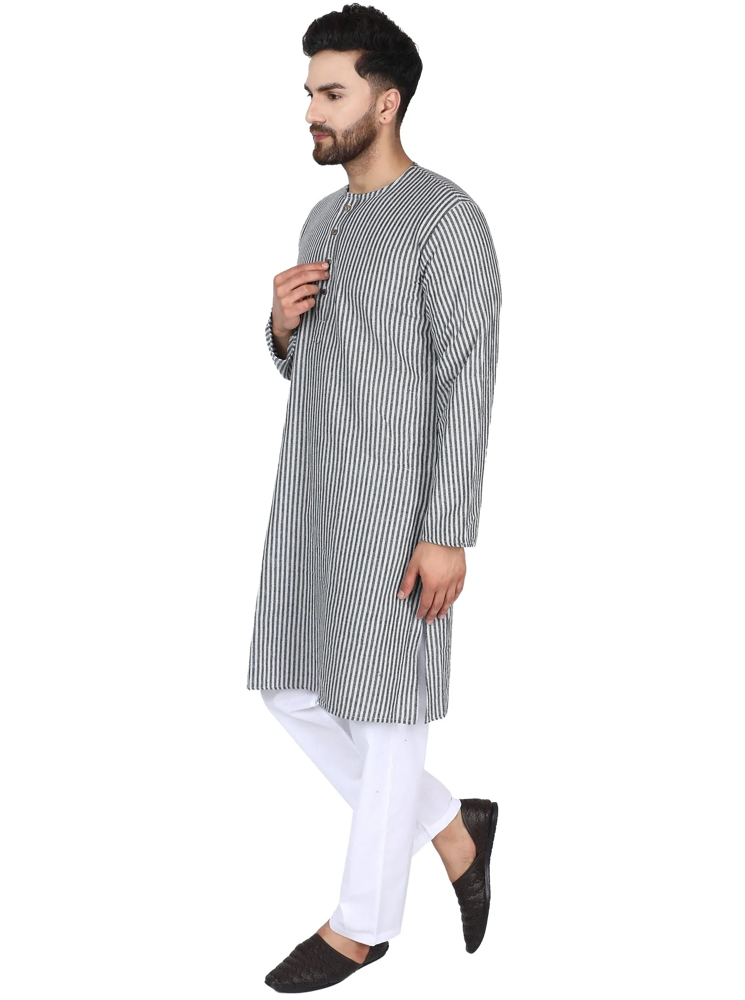 Men's Tunic Cotton Kurta Long Shirt Regular Fit Black Stripe