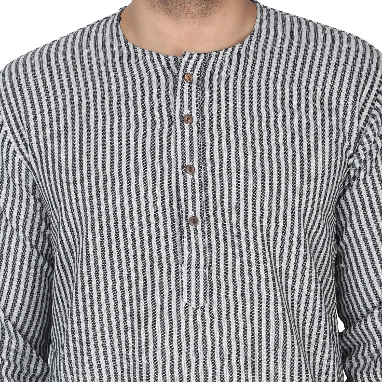 Men's Tunic Cotton Kurta Long Shirt Regular Fit Black Stripe