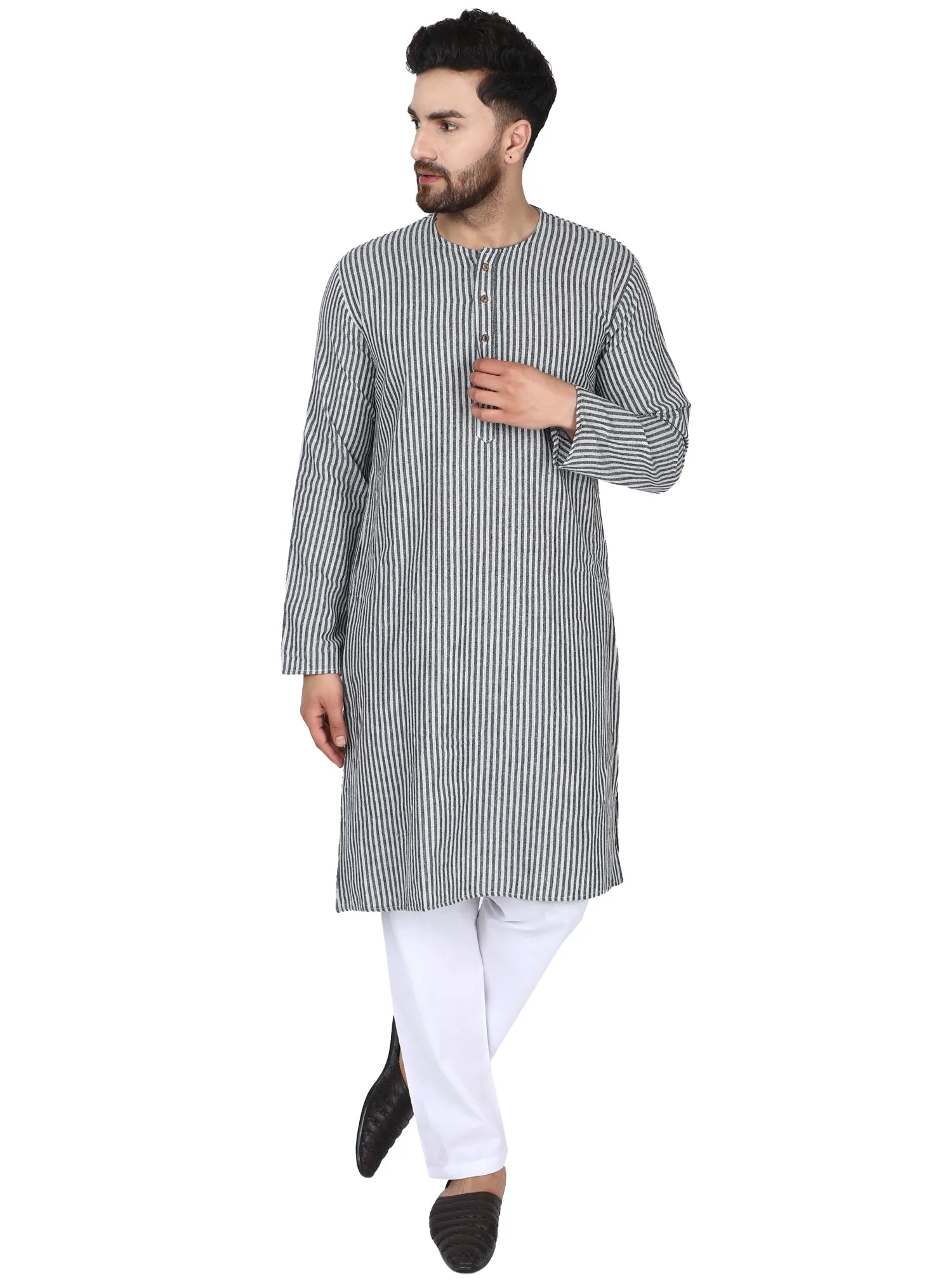 Men's Tunic Cotton Kurta Long Shirt Regular Fit Black Stripe
