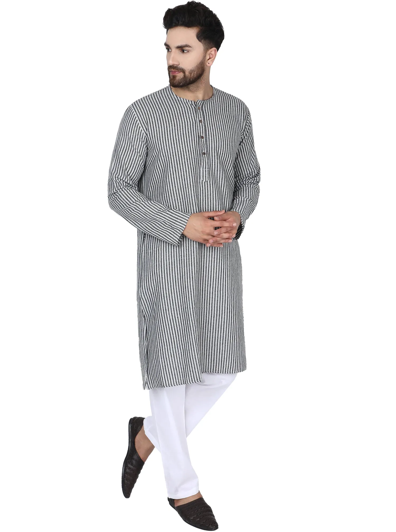 Men's Tunic Cotton Kurta Long Shirt Regular Fit Black Stripe