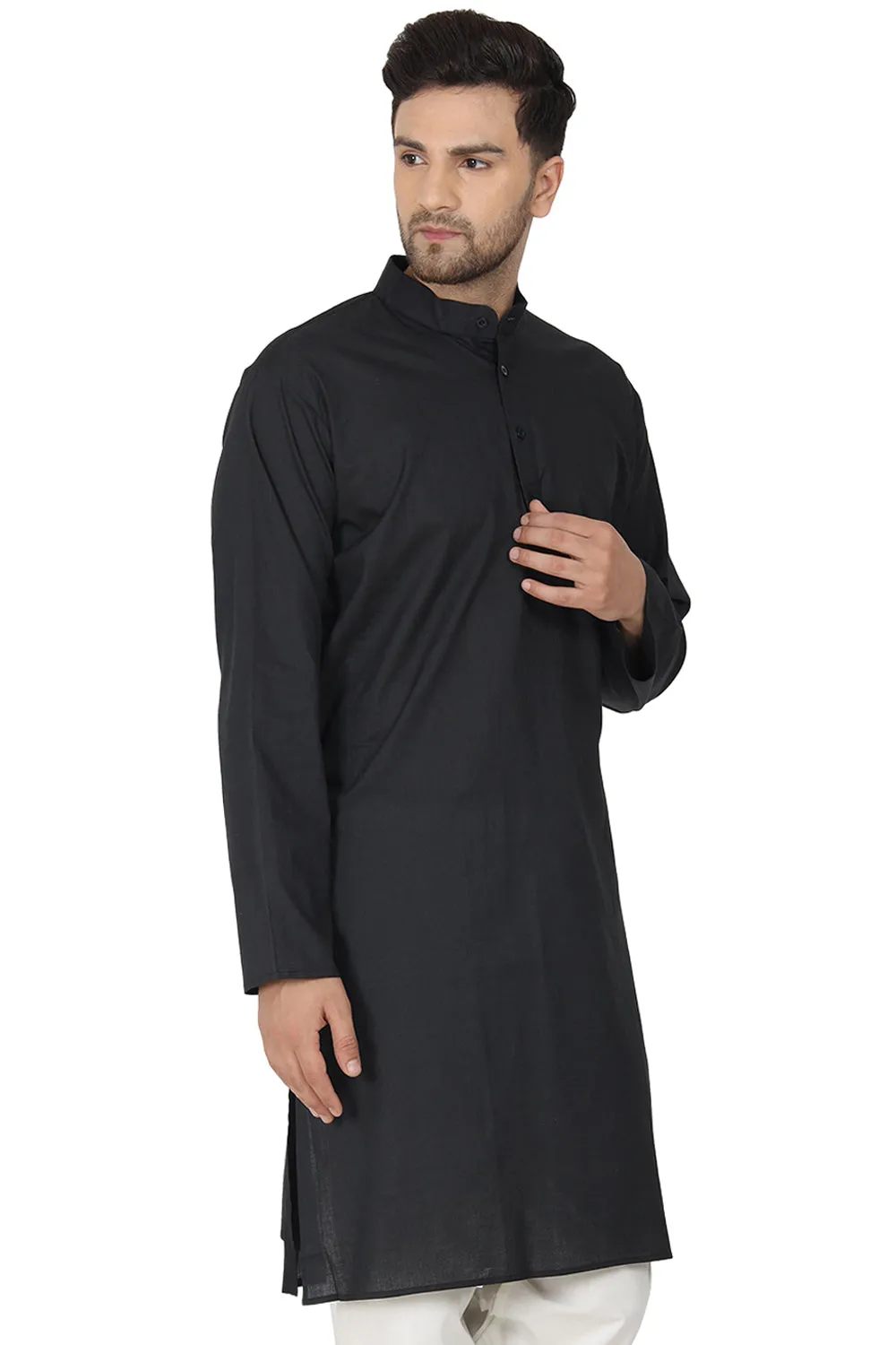 Men's Tunic Cotton Kurta Long Shirt Regular Fit Black