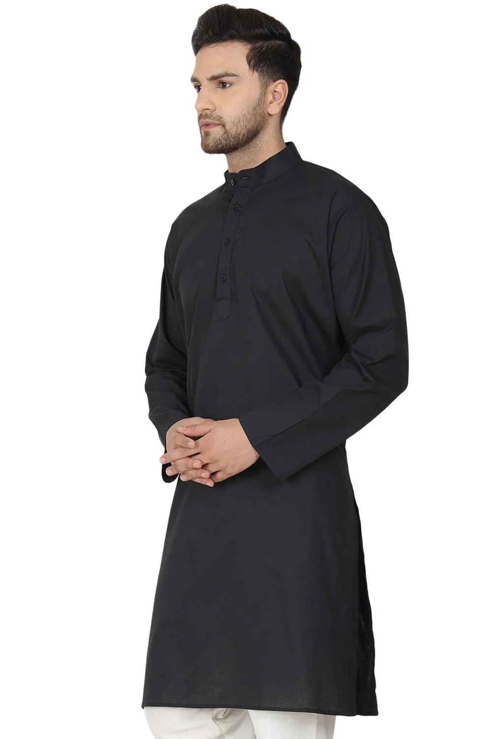 Men's Tunic Cotton Kurta Long Shirt Regular Fit Black