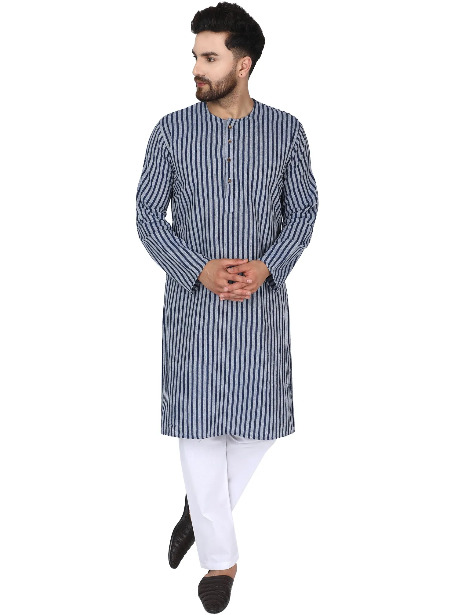 Men's Tunic Cotton Kurta Long Shirt Regular Fit Blue Stripe