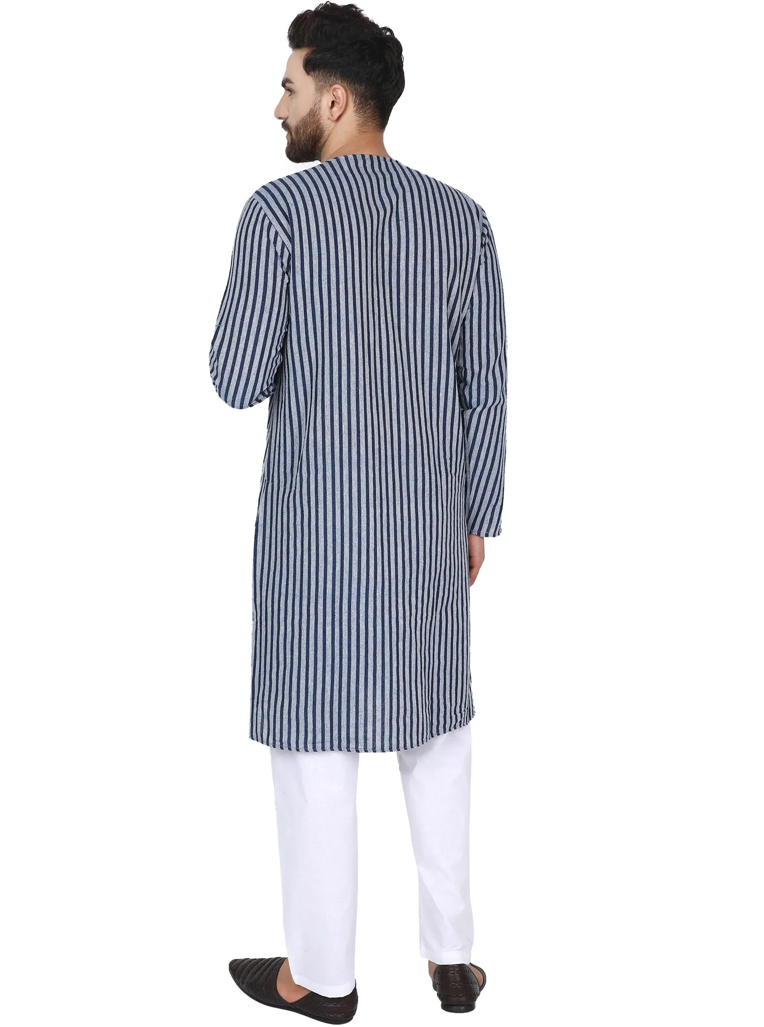 Men's Tunic Cotton Kurta Long Shirt Regular Fit Blue Stripe