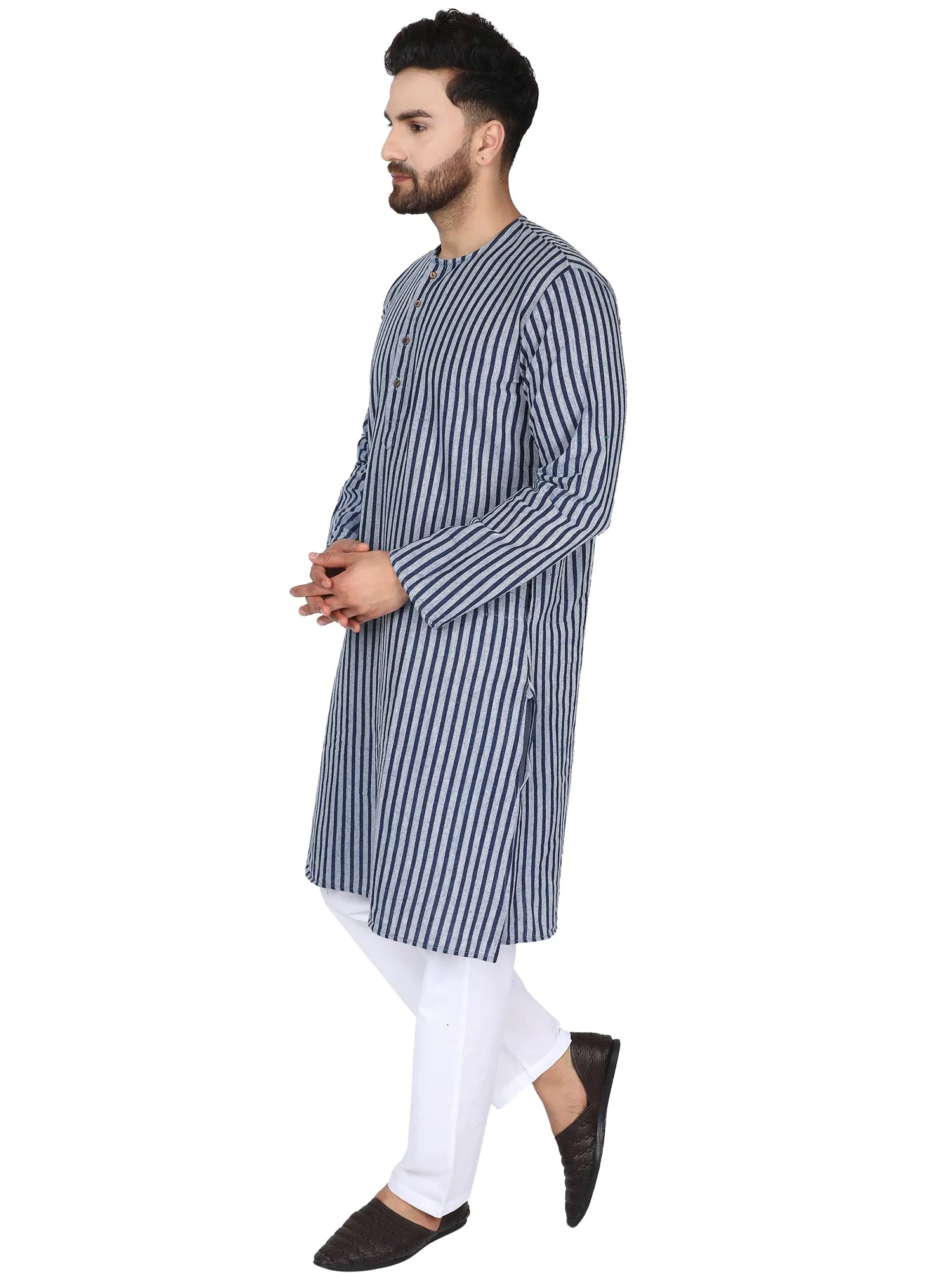 Men's Tunic Cotton Kurta Long Shirt Regular Fit Blue Stripe