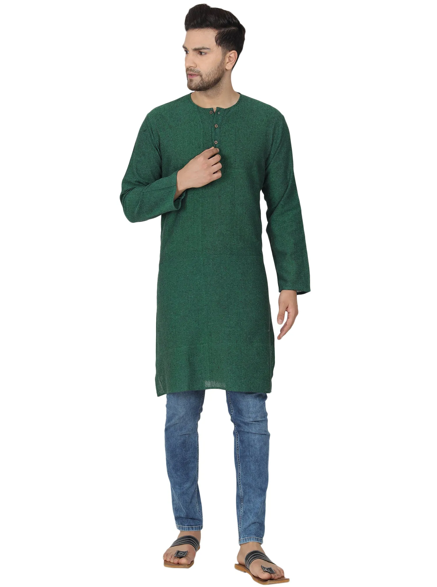 Men's Tunic Cotton Kurta Long Shirt Regular Fit Green