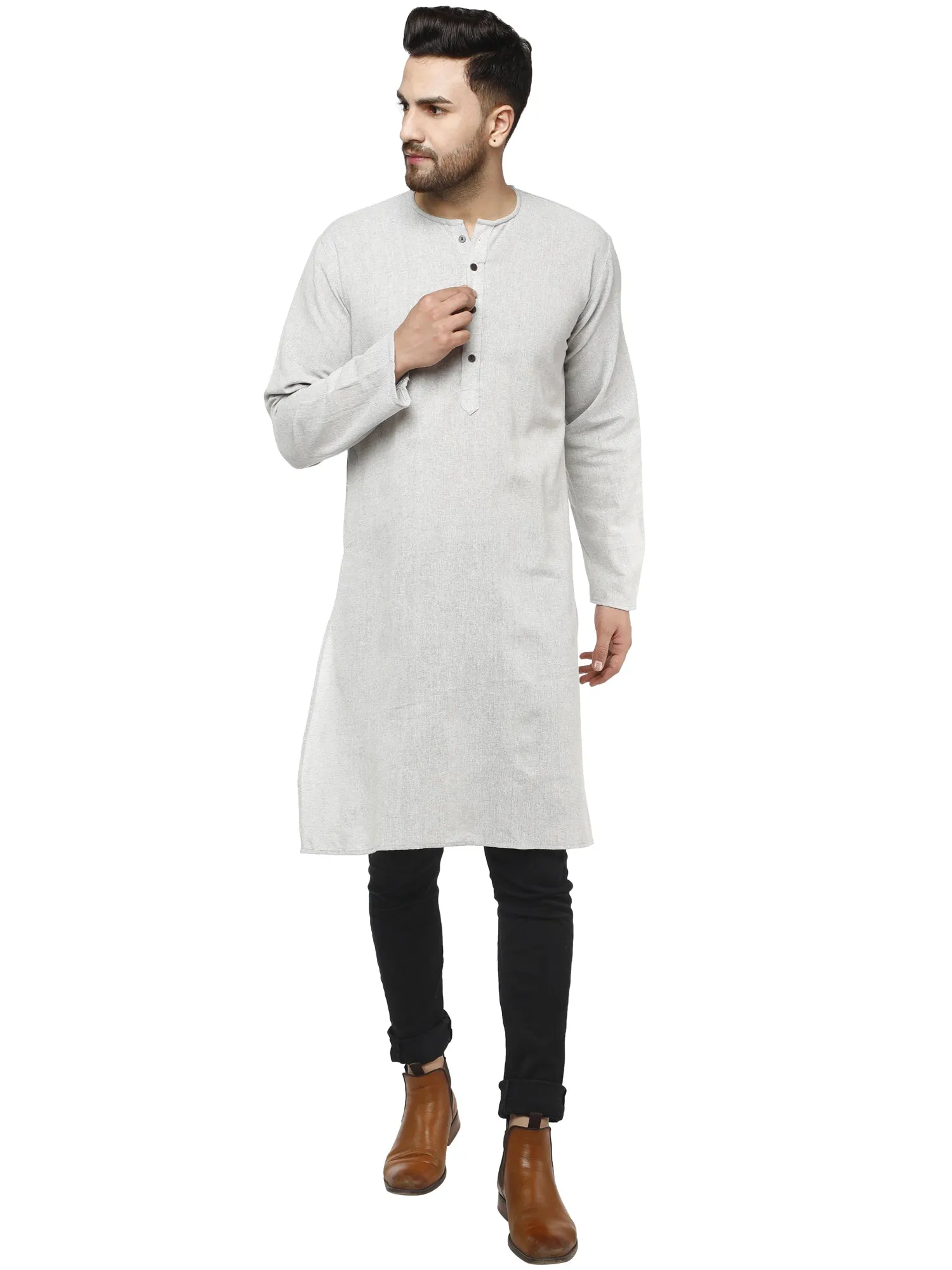 Men's Tunic Cotton Kurta Long Shirt Regular Fit Grey