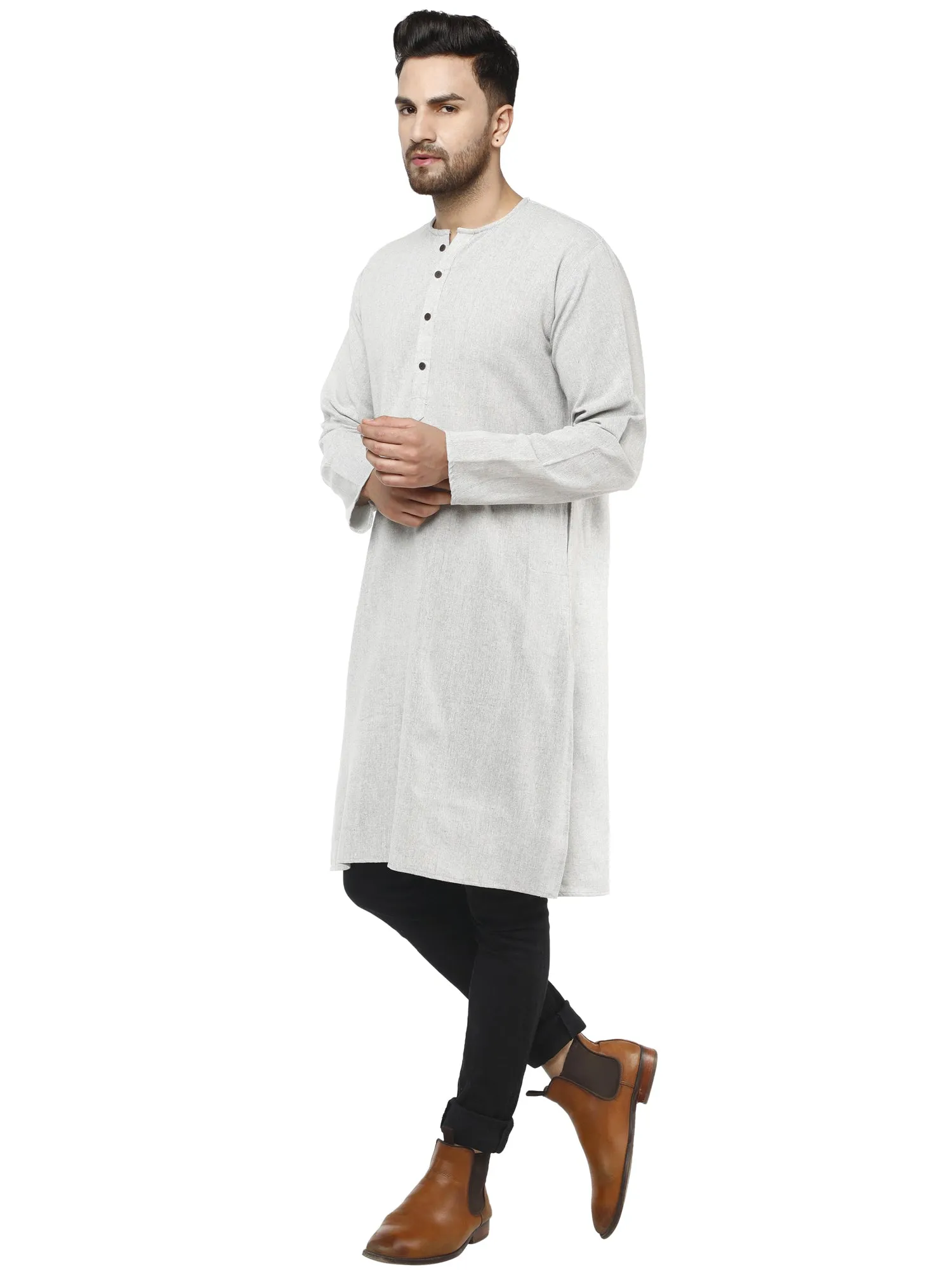 Men's Tunic Cotton Kurta Long Shirt Regular Fit Grey