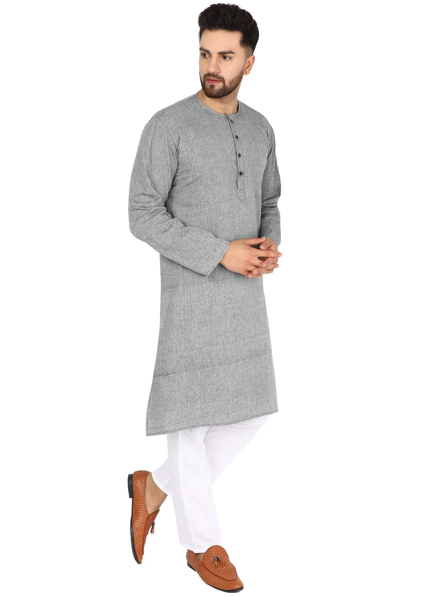 Men's Tunic Cotton Kurta Long Shirt Regular Fit Lightblack