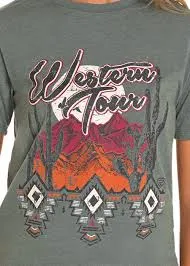 Rock & Roll Denim Ladies Teal Western Tour Graphic T-Shirt