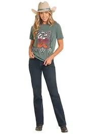 Rock & Roll Denim Ladies Teal Western Tour Graphic T-Shirt