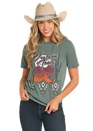 Rock & Roll Denim Ladies Teal Western Tour Graphic T-Shirt