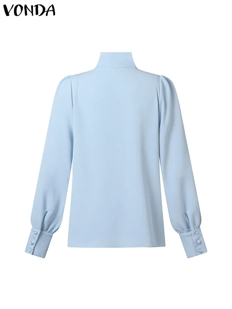 UAKISS  -  Plus Size 5XL Women Fashion Elegant Blouse Long Sleeve Shirts Stand Collar Buttons Solid Blusas Casual Loose Tunic Tops