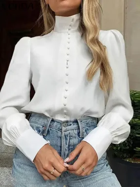 UAKISS  -  Plus Size 5XL Women Fashion Elegant Blouse Long Sleeve Shirts Stand Collar Buttons Solid Blusas Casual Loose Tunic Tops