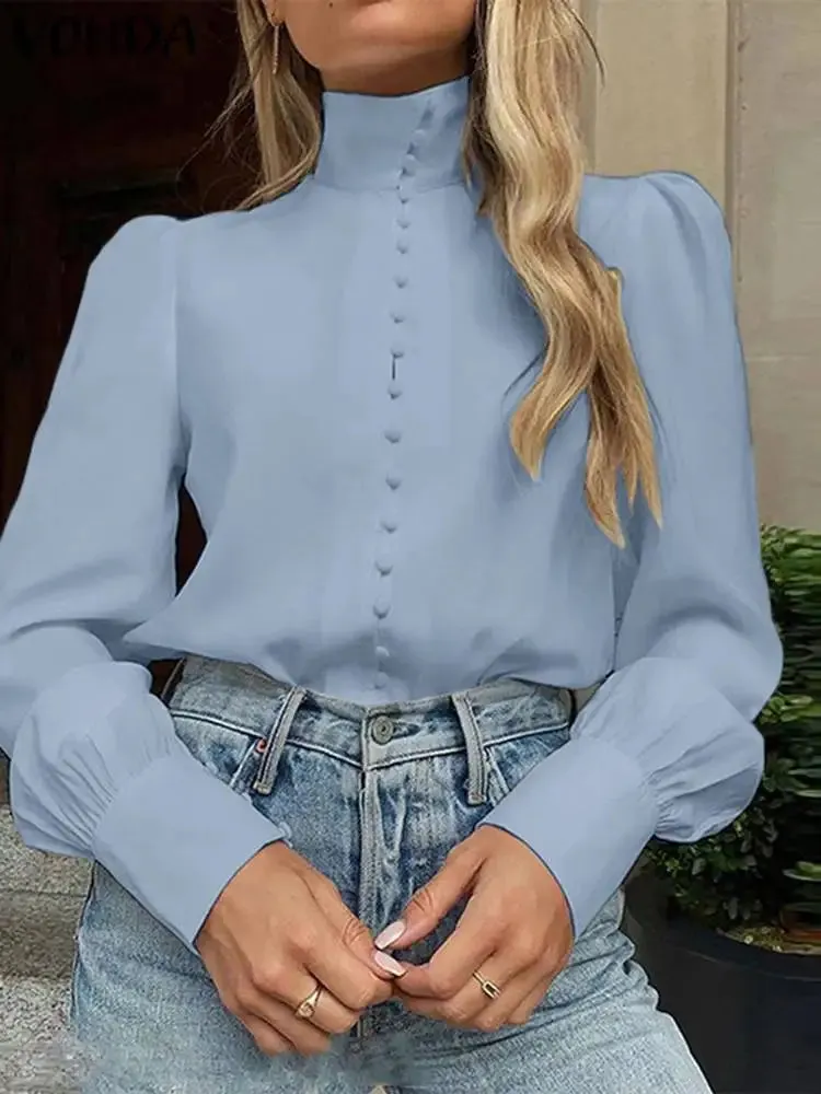 UAKISS  -  Plus Size 5XL Women Fashion Elegant Blouse Long Sleeve Shirts Stand Collar Buttons Solid Blusas Casual Loose Tunic Tops