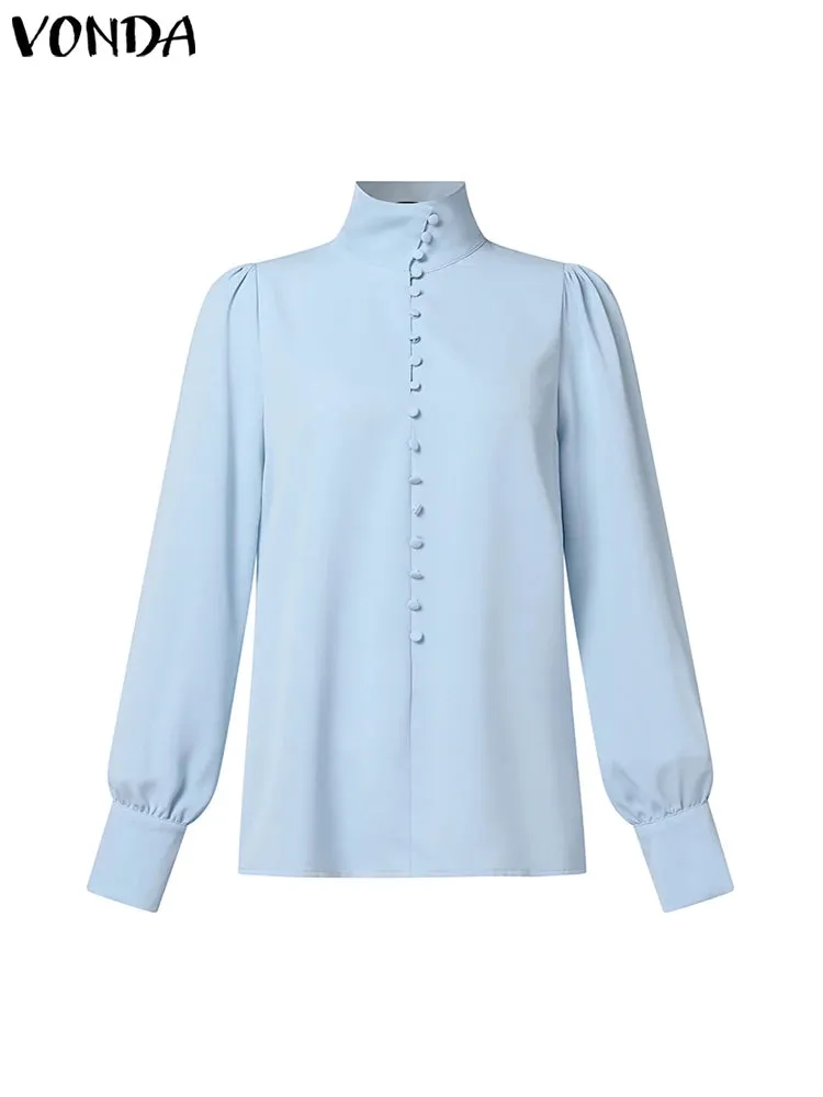 UAKISS  -  Plus Size 5XL Women Fashion Elegant Blouse Long Sleeve Shirts Stand Collar Buttons Solid Blusas Casual Loose Tunic Tops