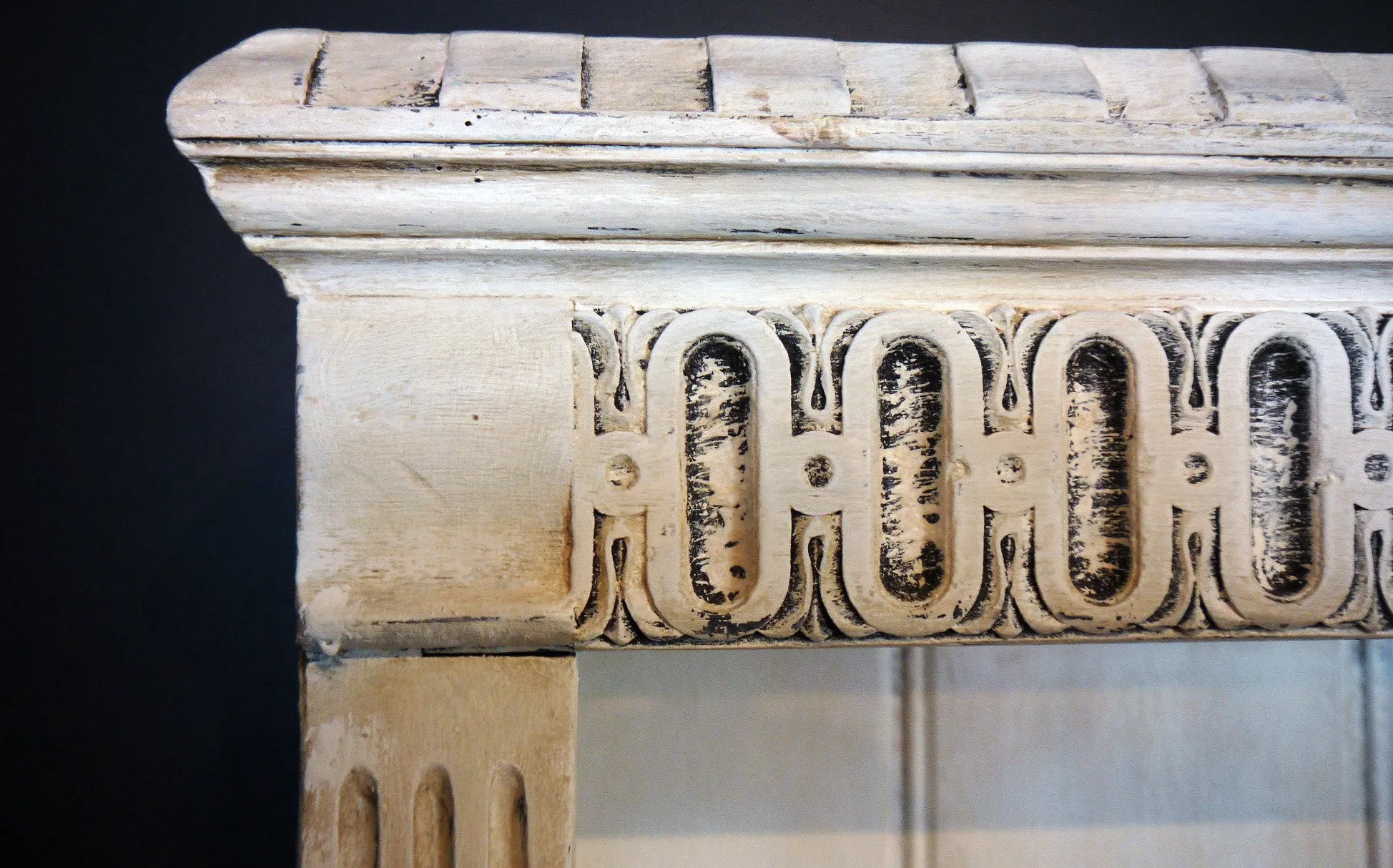 Vintage carved oak kitchen dresser painted in a soft cream and distressed and antique glazed for a vintage finish
