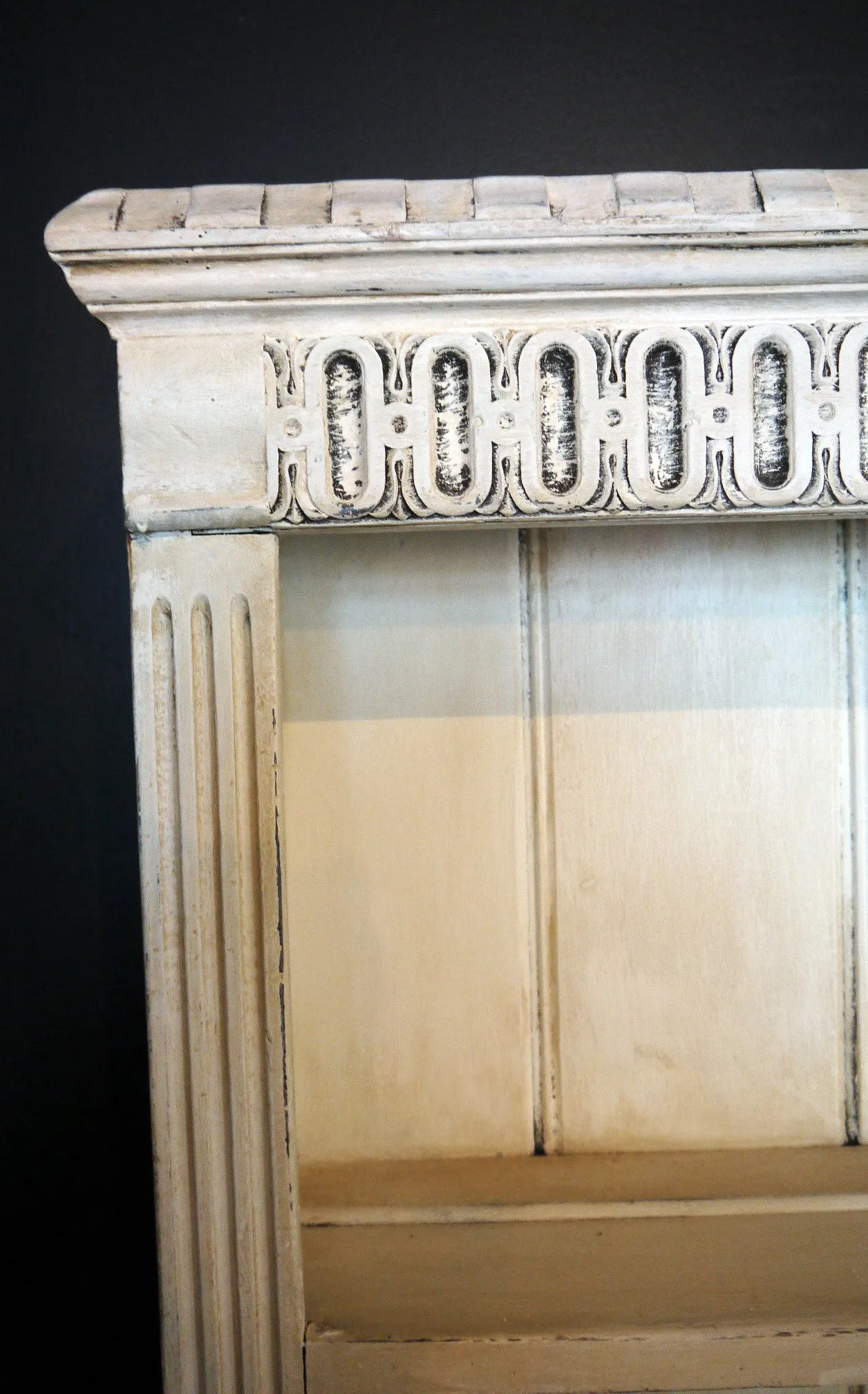 Vintage carved oak kitchen dresser painted in a soft cream and distressed and antique glazed for a vintage finish