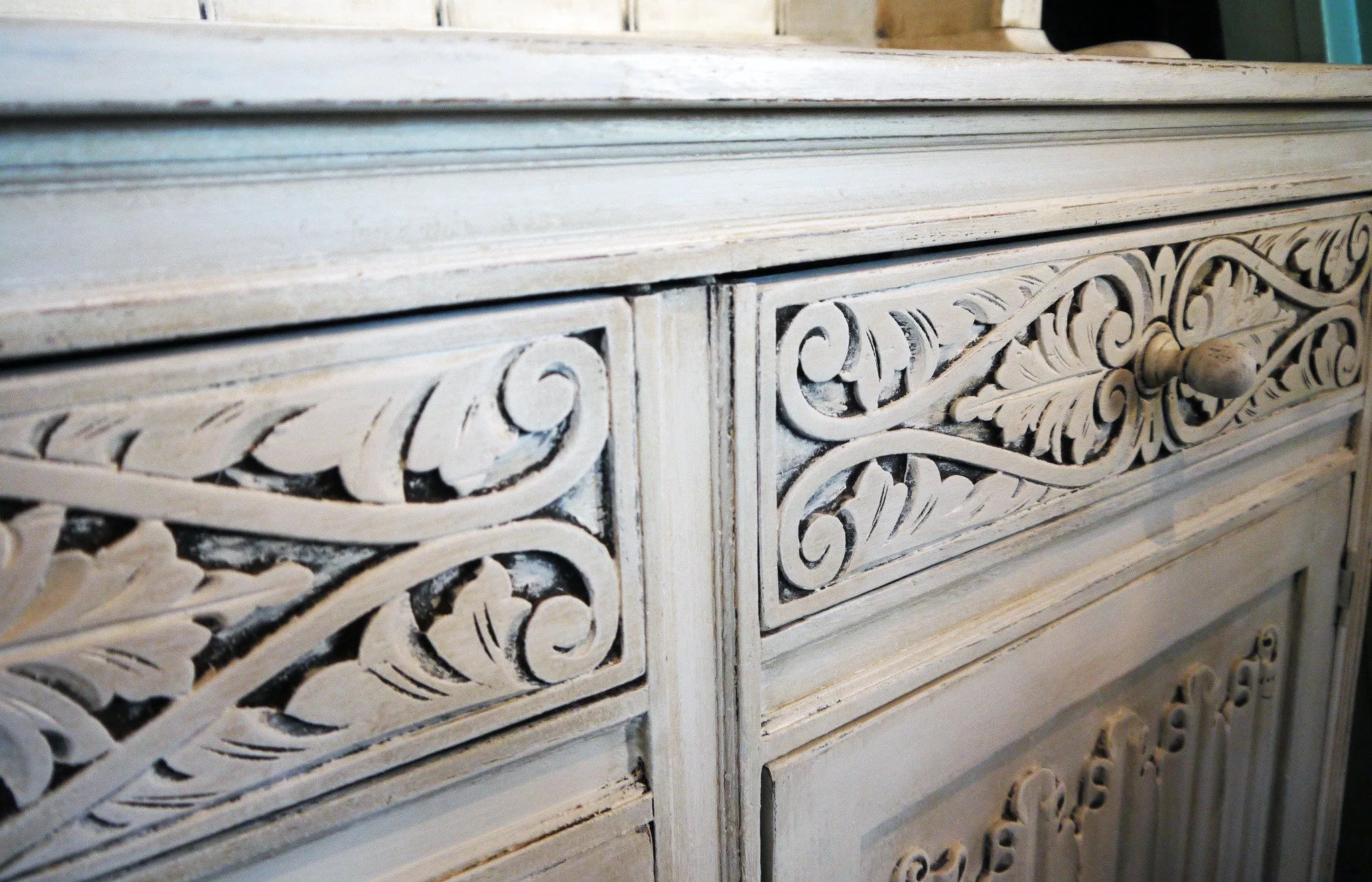 Vintage carved oak kitchen dresser painted in a soft cream and distressed and antique glazed for a vintage finish