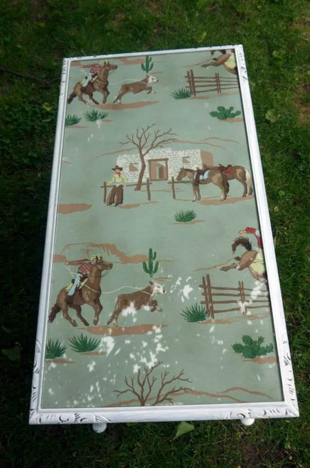 Vintage coffee table with 1940's original hand painted cowboy wallpaper