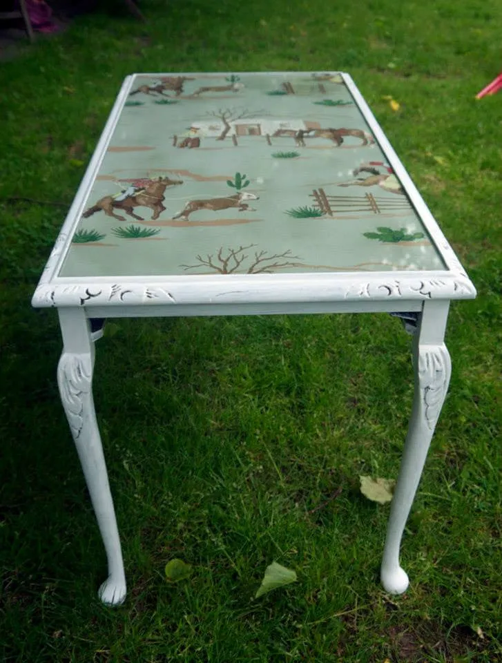 Vintage coffee table with 1940's original hand painted cowboy wallpaper