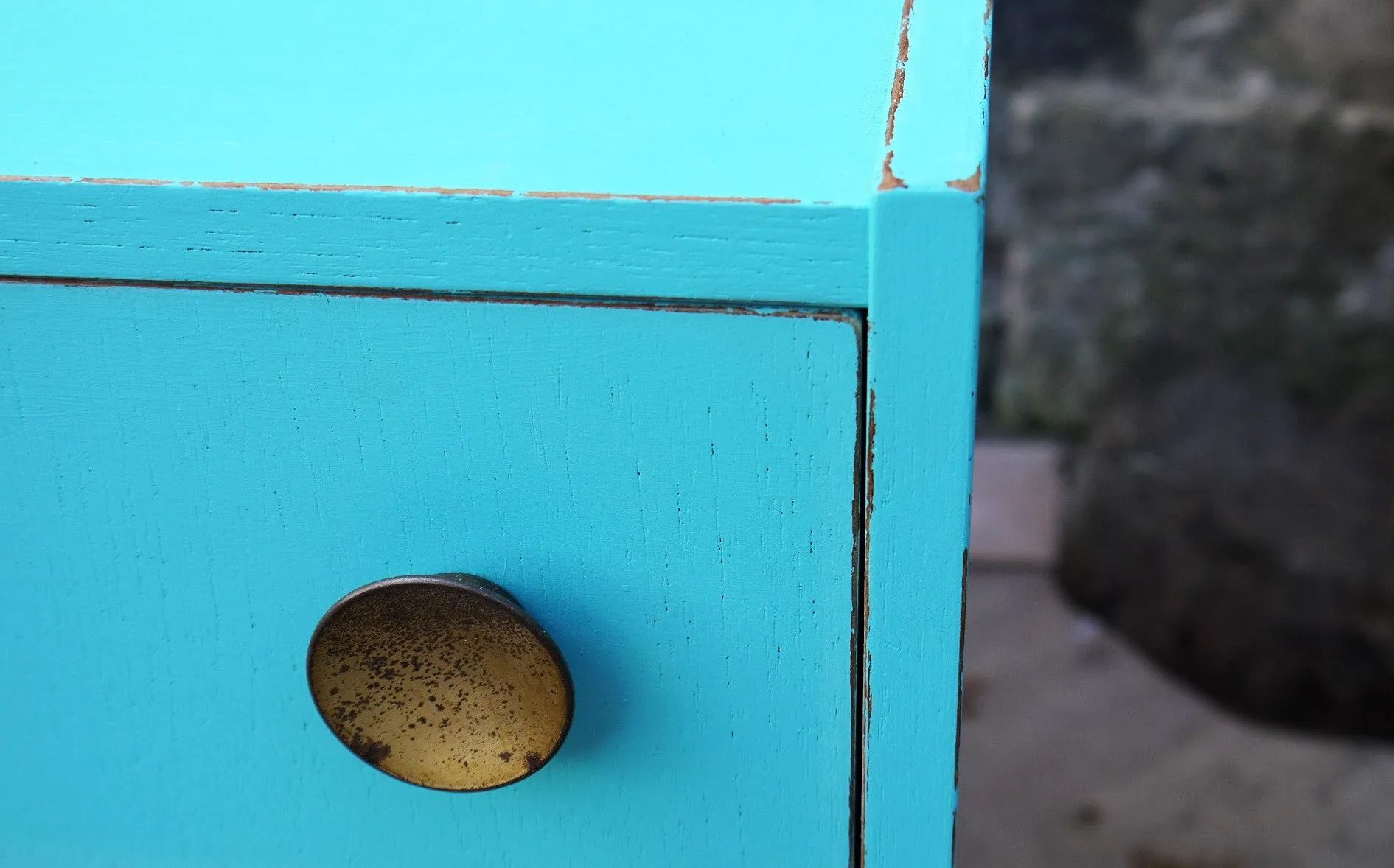 Vintage mid century children's chest of drawers painted in azure blue with pink flamingo design