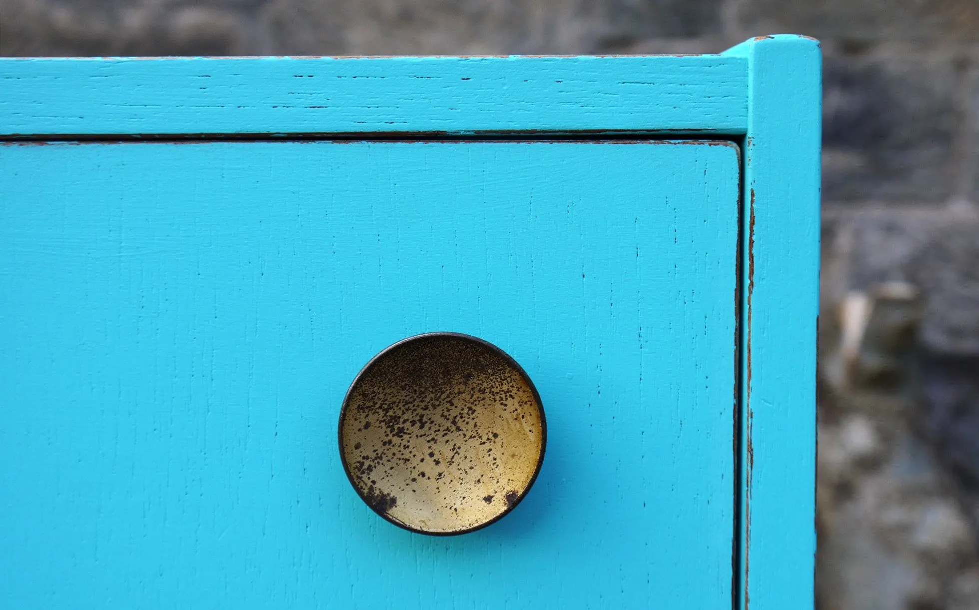 Vintage mid century children's chest of drawers painted in azure blue with pink flamingo design