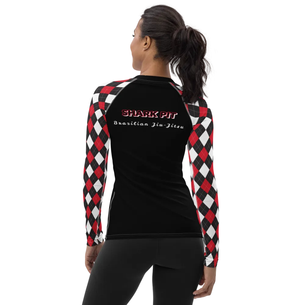 Women's Black and Red Argyle Shark Pit Rash Guard
