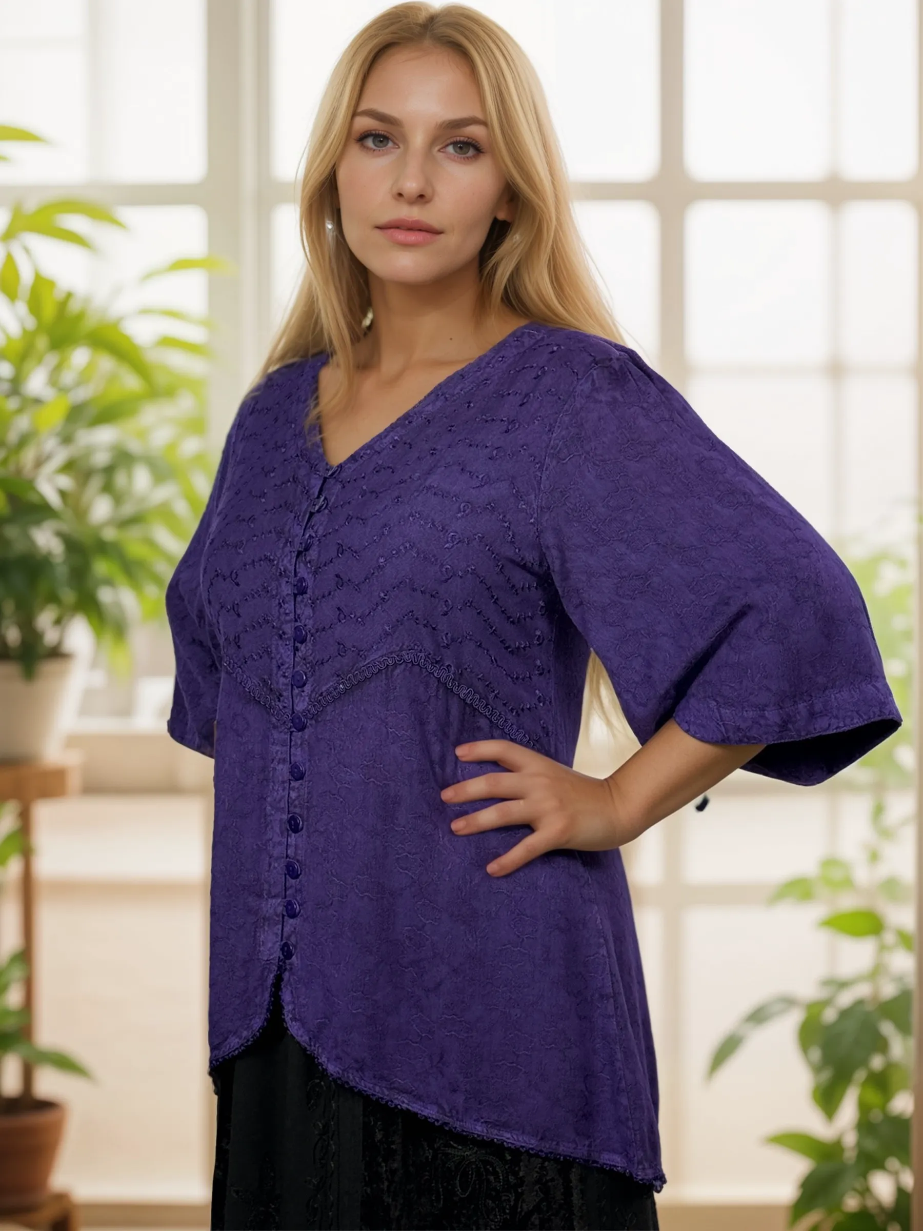Women's Bohemian Ari Embroidered Button Down Short Sleeve Tunic Blouse ~604B
