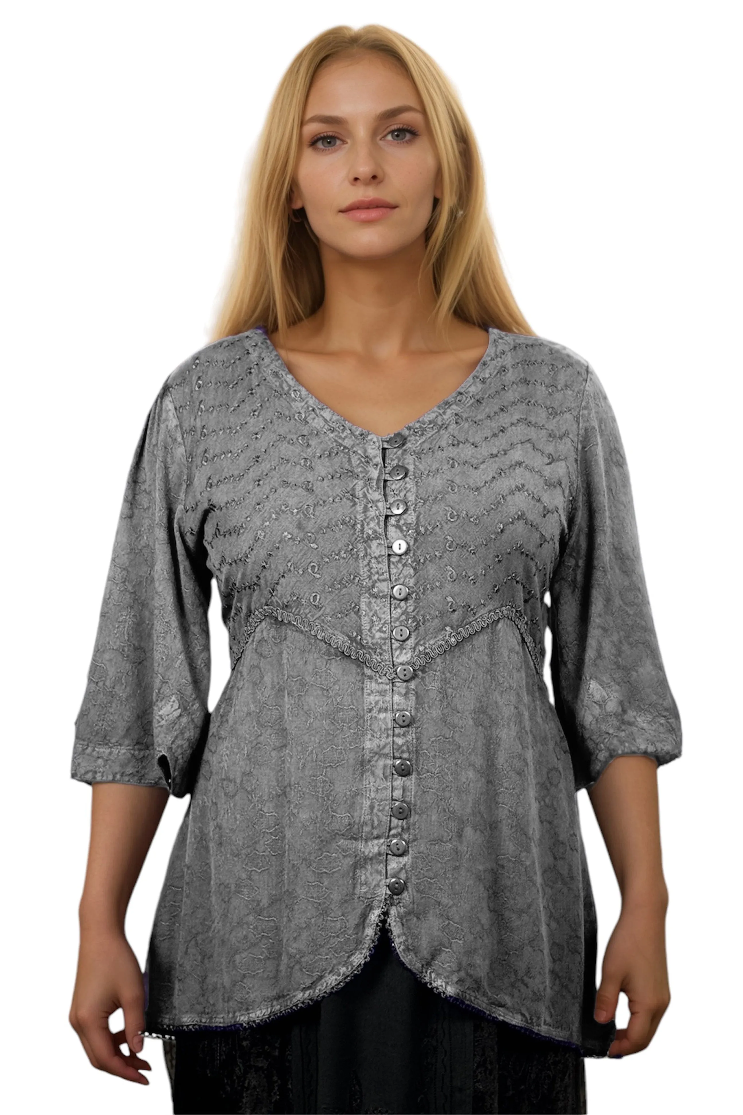 Women's Bohemian Ari Embroidered Button Down Short Sleeve Tunic Blouse ~604B