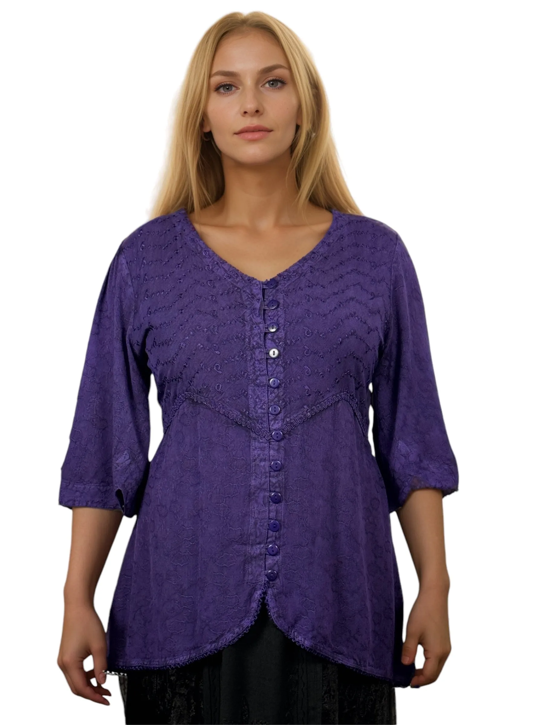 Women's Bohemian Ari Embroidered Button Down Short Sleeve Tunic Blouse ~604B