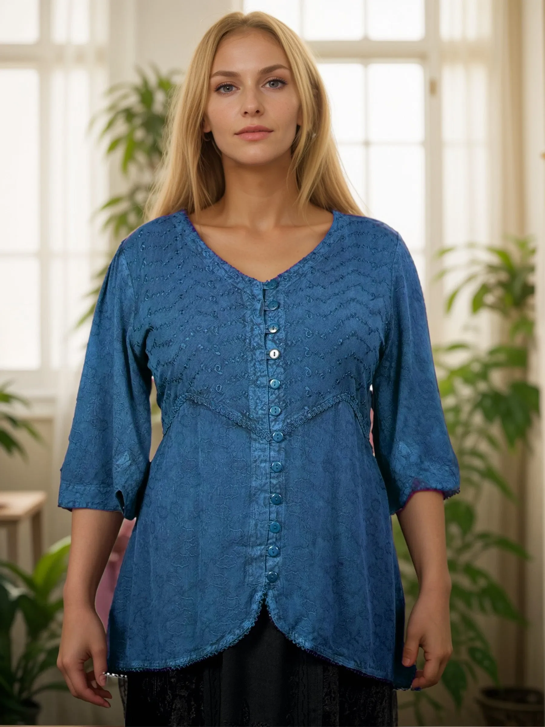 Women's Bohemian Ari Embroidered Button Down Short Sleeve Tunic Blouse ~604B